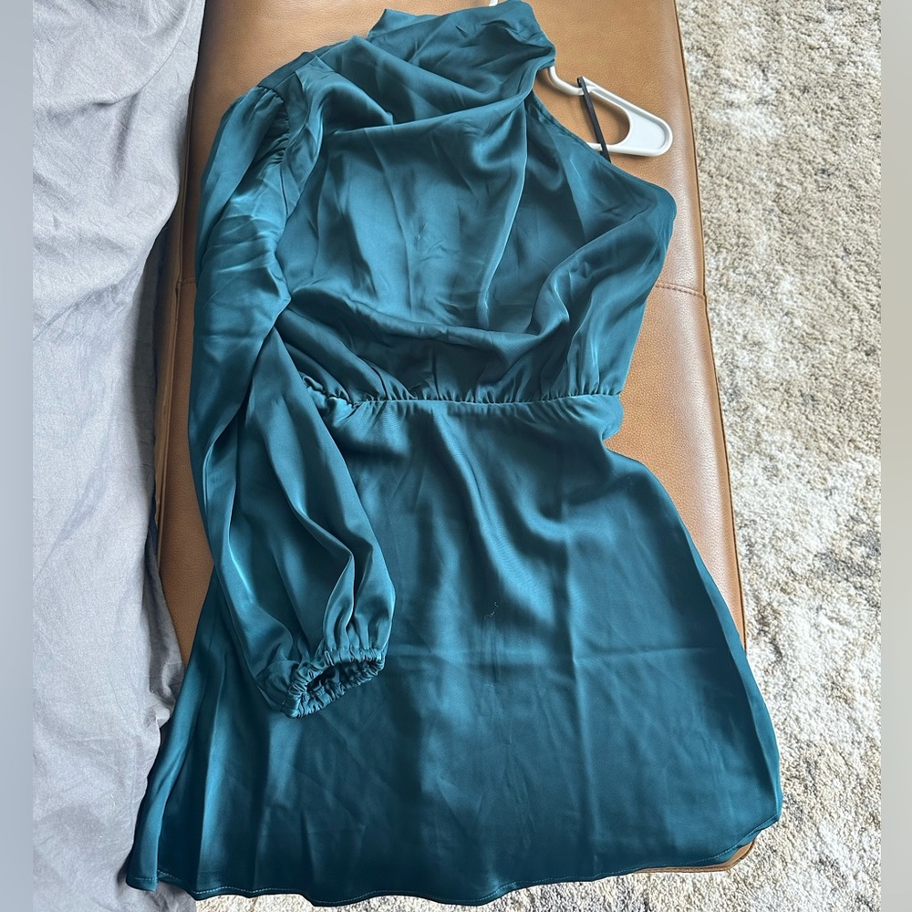 One Shoulder Hello Molly Teal Satin Minidress
